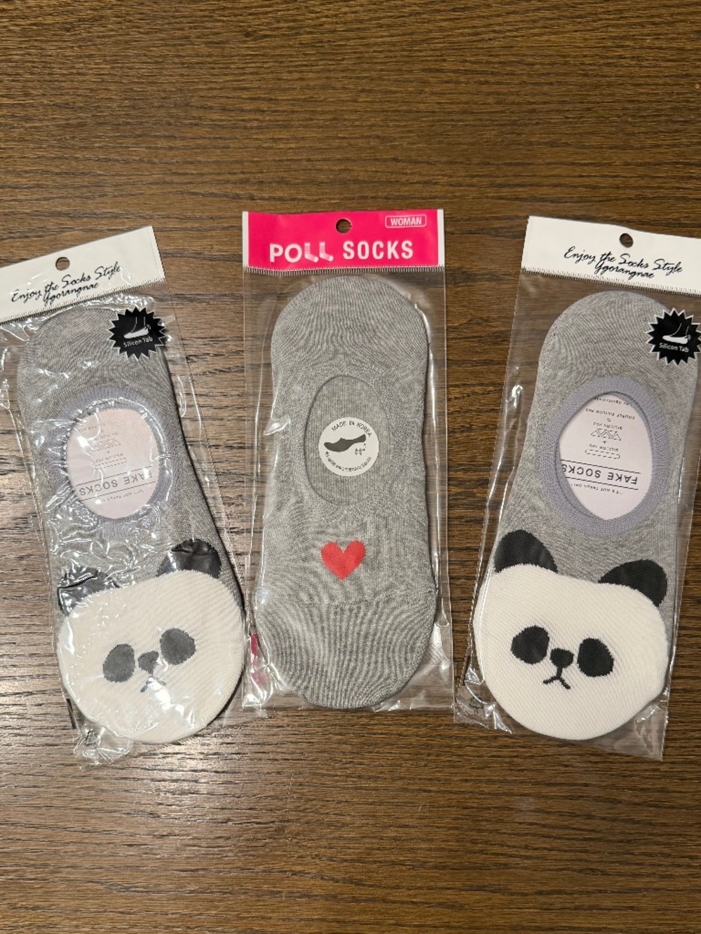 NIP Set of 3 Korean No-Show Socks - Cute Panda & Heart (Grey)